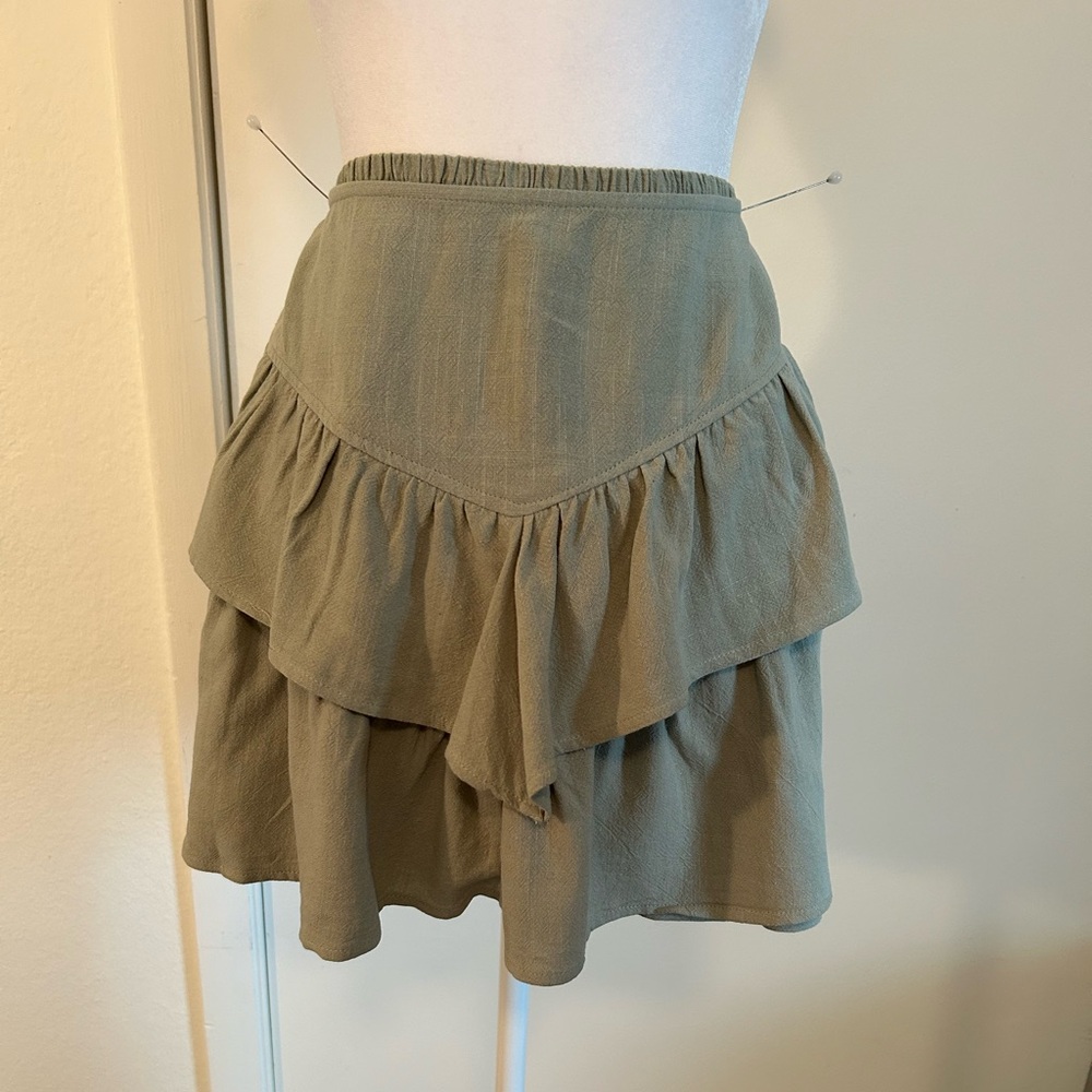 Promesa Green Tiered Mini Skirt Linen Like Comfort